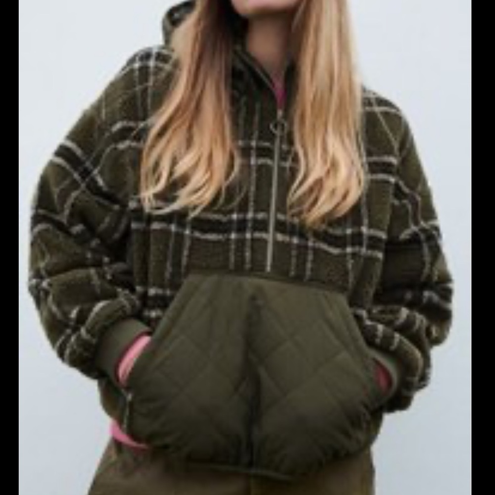 Zara Olive Green Plaid Pattern Oversized Hoodie